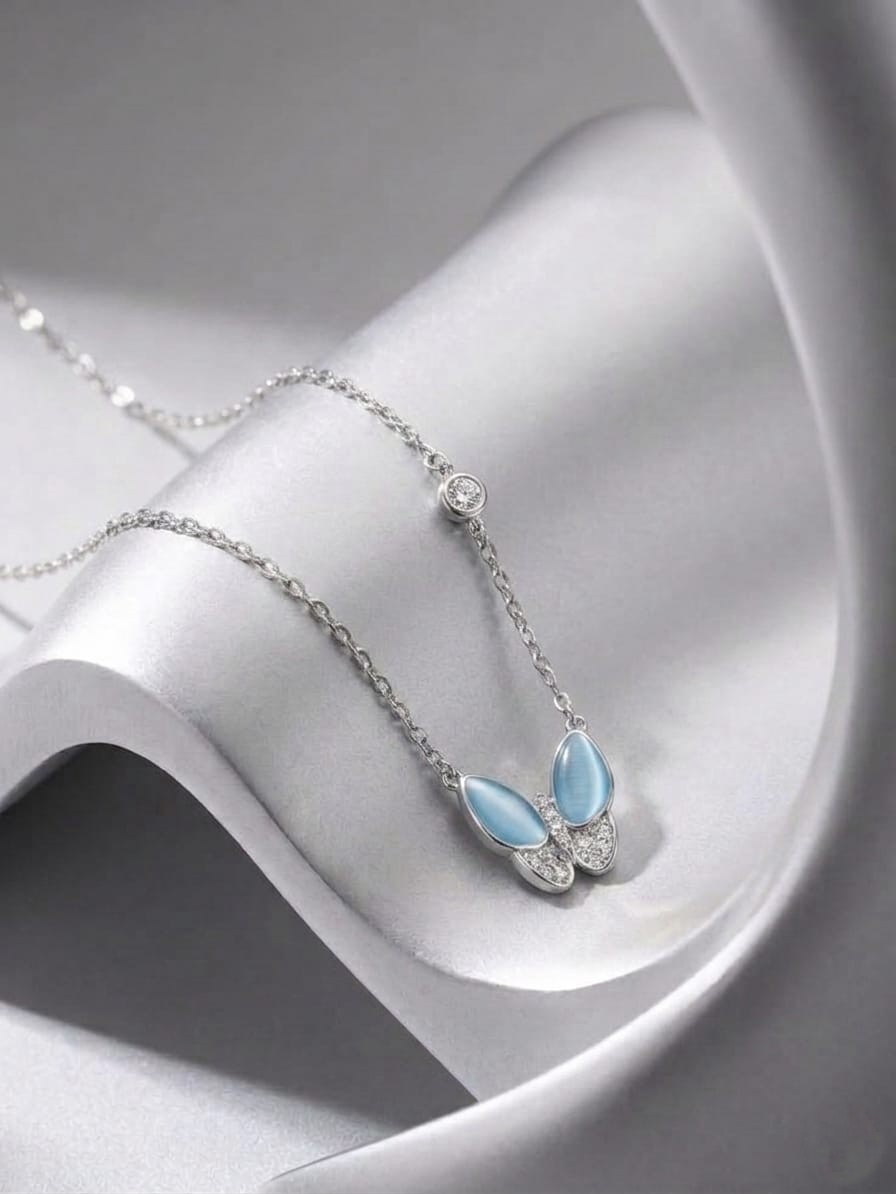 premium 92.5 sterling silver butterfly inspired blue enamel & stone pendant necklace premium 92.5 sterling silver butterfly inspired blue enamel & stone pendant necklace