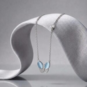 premium 92.5 sterling silver butterfly inspired blue enamel & stone pendant necklace