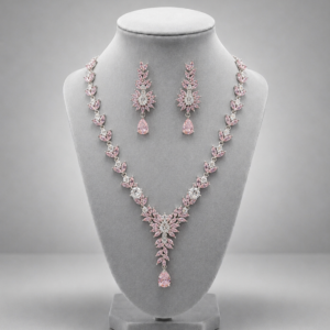 premium 92.5 sterling silver pastel pink floral marquise cubic zirconia necklace set