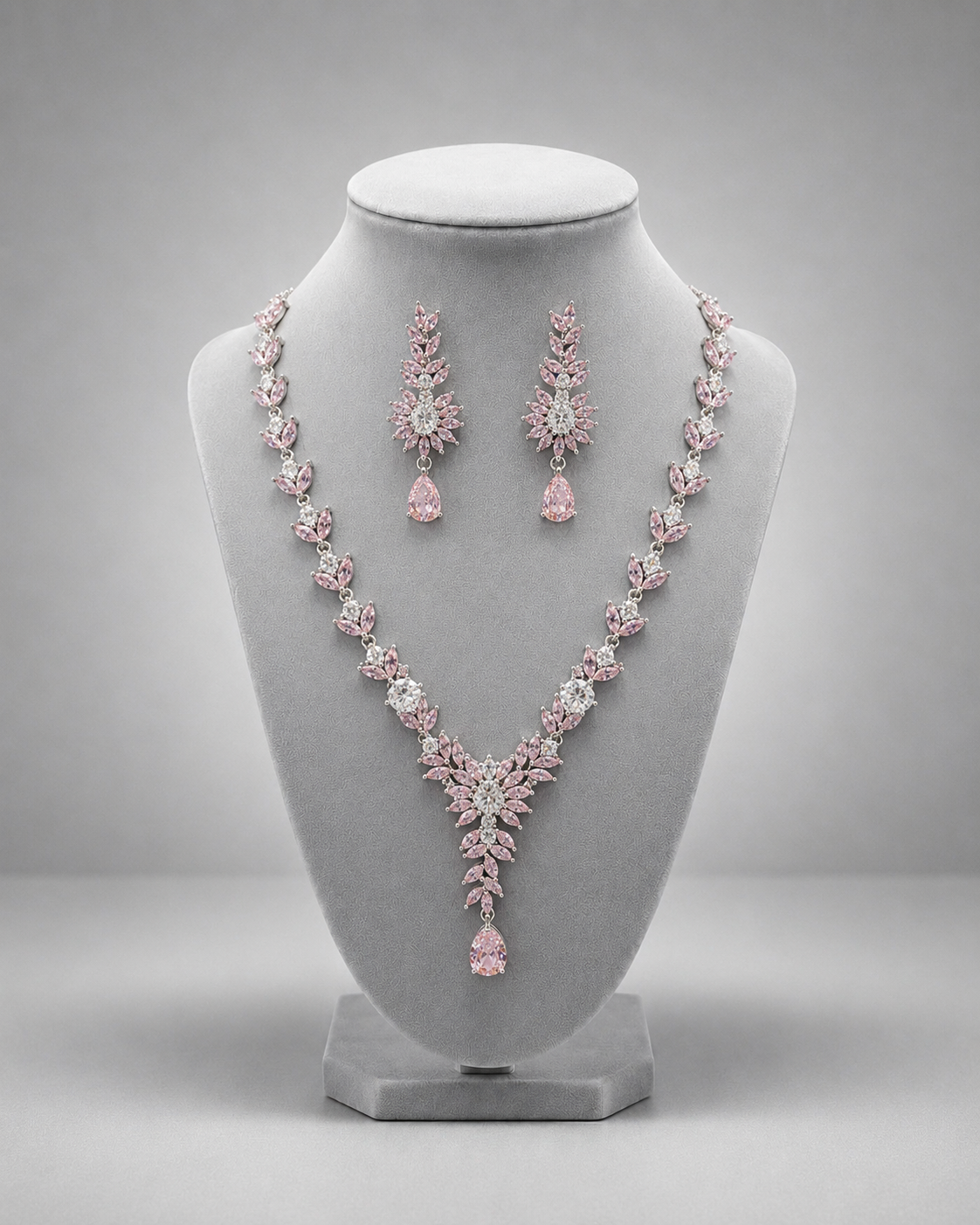 premium 92.5 sterling silver pastel pink floral marquise cubic zirconia necklace set premium 92.5 sterling silver pastel pink floral marquise cubic zirconia necklace set
