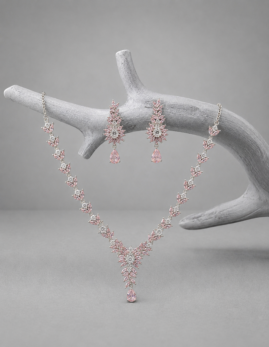 premium 92.5 sterling silver pastel pink floral marquise cubic zirconia necklace set premium 92.5 sterling silver pastel pink floral marquise cubic zirconia necklace set