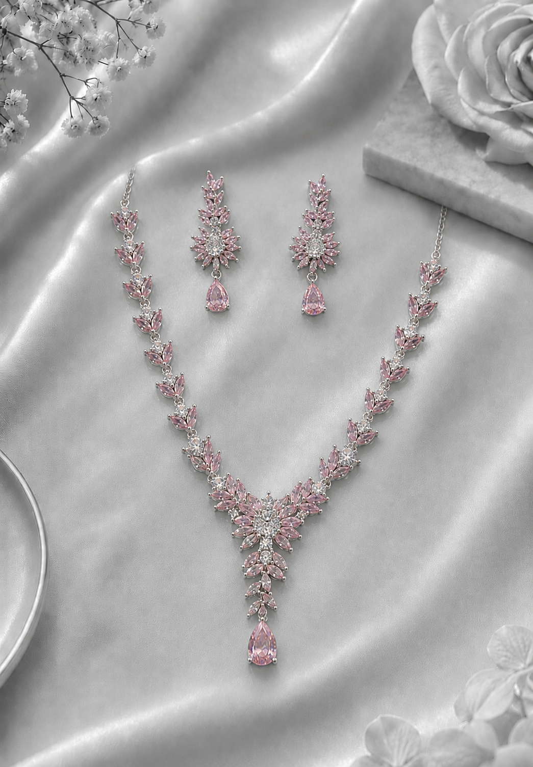 premium 92.5 sterling silver pastel pink floral marquise cubic zirconia necklace set premium 92.5 sterling silver pastel pink floral marquise cubic zirconia necklace set