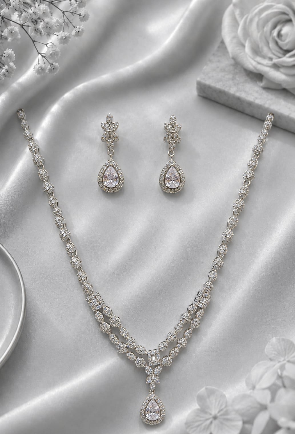 premium 92.5 sterling silver teardrop cubic zirconia layered necklace set premium 92.5 sterling silver teardrop cubic zirconia layered necklace set